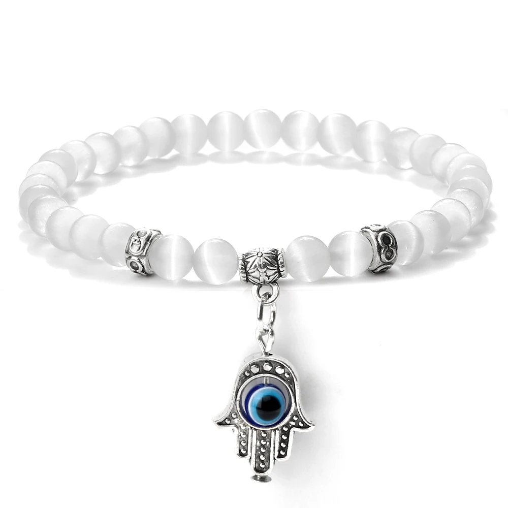 

Lucky Turkish Evil Eye Hand of Fatima Pendant Bracelet Fashion 6mm White Cat Eye Beads Bracelets&Bangles Pulseras Women Jewelry