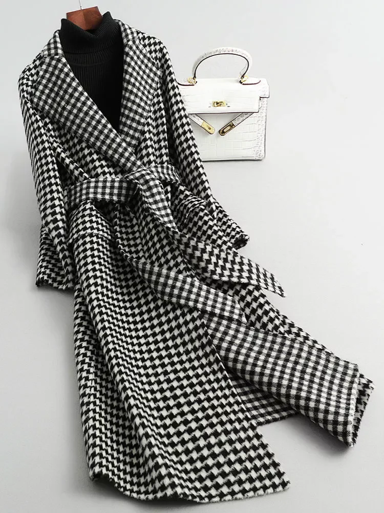 

Women Long Plaid Woolen Coat Houndstooth Waistband Coats