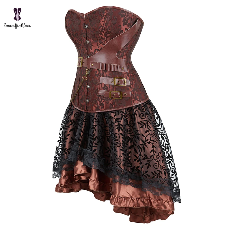Brown Coffee Leather Belt Buckle Up Korset Women's Halloween Outwear Costume Steam Punk Corsets Dresses With T String Plus Size
