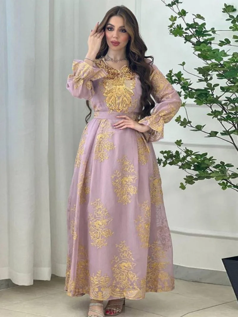 Mesh Sequin Gold Thread Embroidery Gurban Arab Dubai Robe Modest Muslim Moroccan Kaftan Party Evening Dresses Eid Al Adha New