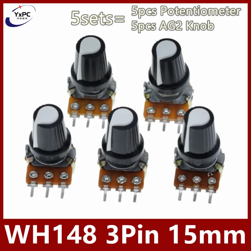 

5sets 15mm WH148 3Pin 500K 100K 50K 1K 2K 5K 10K 20K 1M Ohm Linear Taper Rotary Potentiometer Resistor for Arduino With AG2 cap