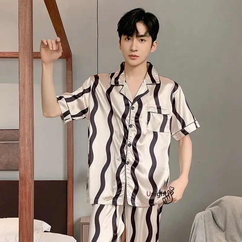 Spring Summer Man Pajama Sets Silk Sleepwear Pajamas for Men Plus Size Home Clothing Pyjamas Suit Home Wear Loungewear Homesuits