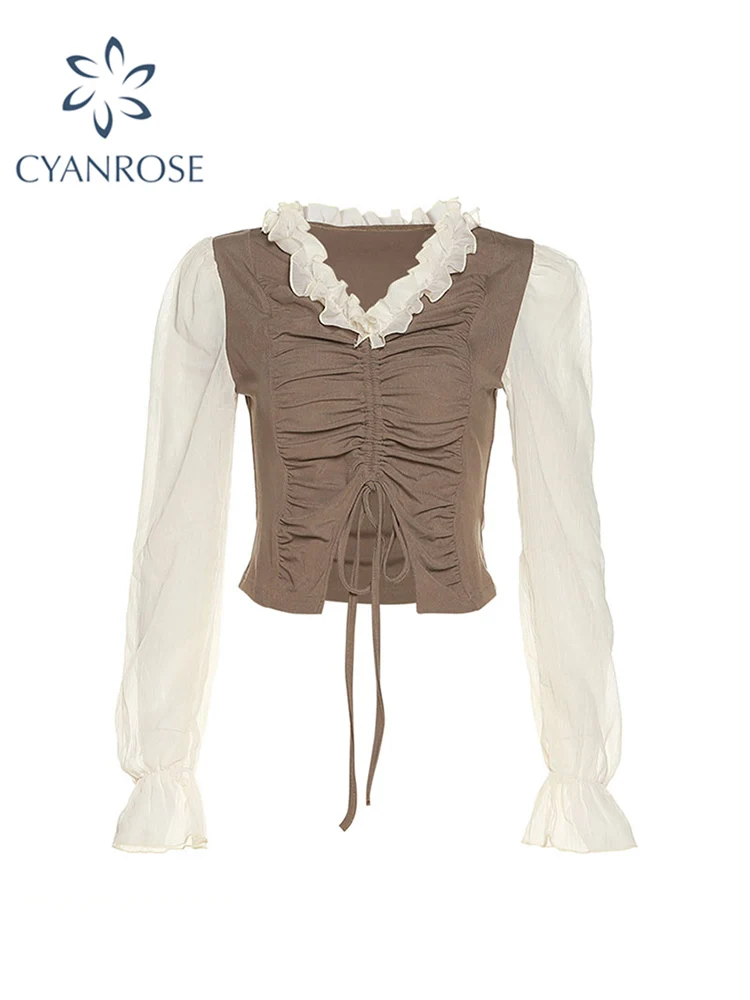 

Футболка женская с длинным рукавом, V-образным вырезом и шнуровкой