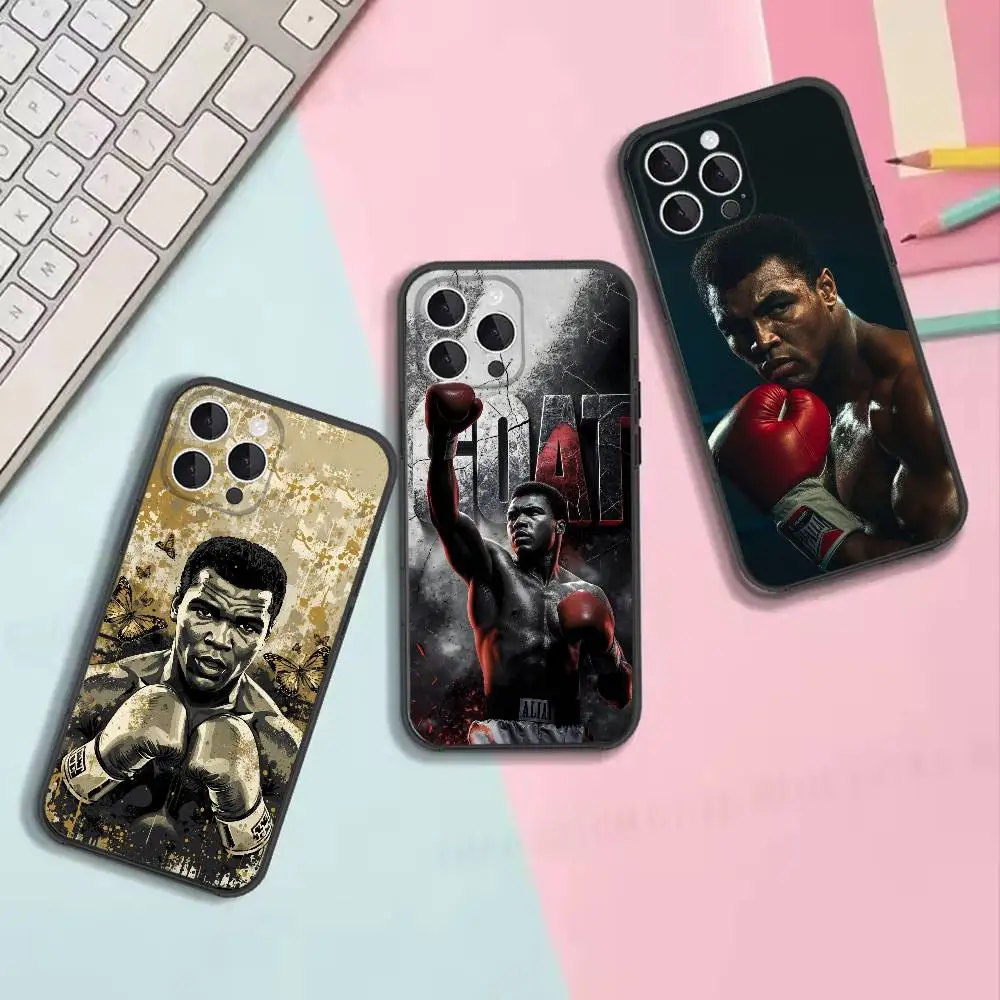 Фото Противоударный мягкий черный чехол для телефона Boxer M-Muhammad Ali, подходит для iPhone 11, 12, 13, 14, 15, 16, 17, Pro, Max, Plus, X, XS, SE4, Mini. №1