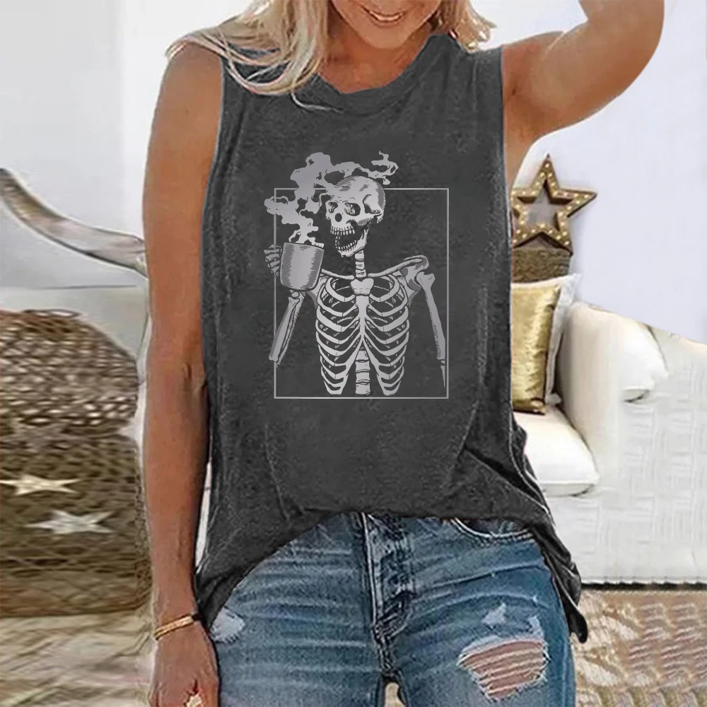 

Seeyoushy Funny Drinking Tea Skeleton Print Skull T Shirt Women Sleeveless Summer Loose Tee Shirt Vintage Top Aesthetic Clothes