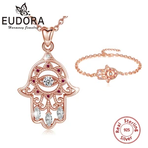 EUDORA 925 Sterling Silver Rose Gold Color Evil Eye Hamsa Hand Bracelet & Necklace Fine Devils Eye Jewelry Set for Women Gift