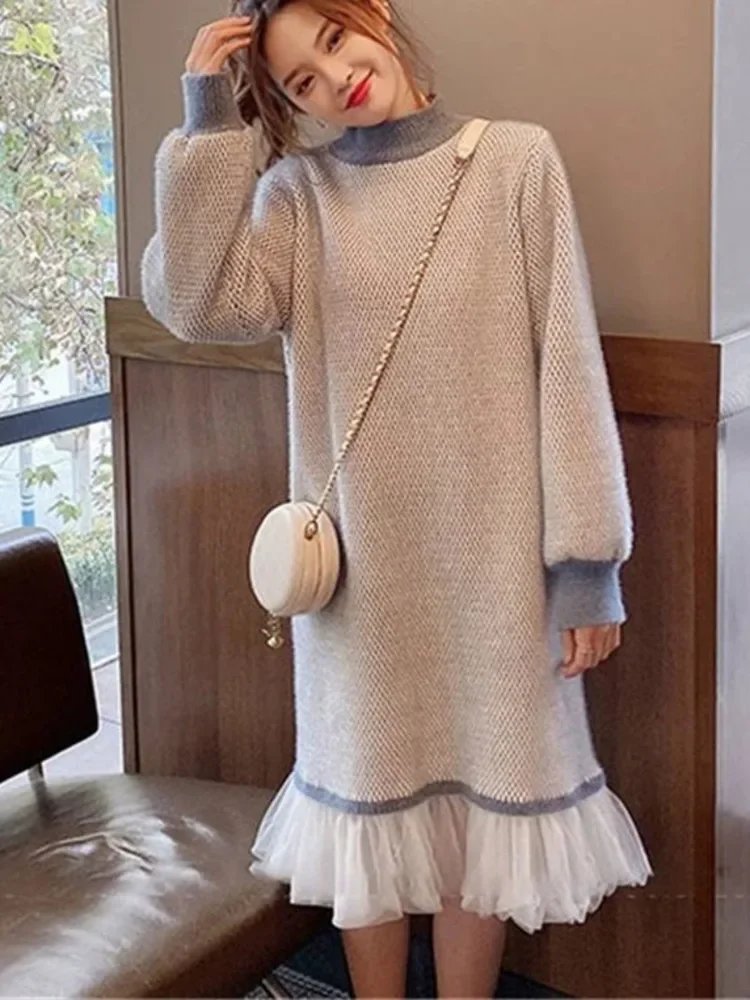 

Vintage Plaid Knitted Sweater Dress For Fall Winter Long Korean Women Gauze Stitching Hem Mink Velvet Warm Pullover J219