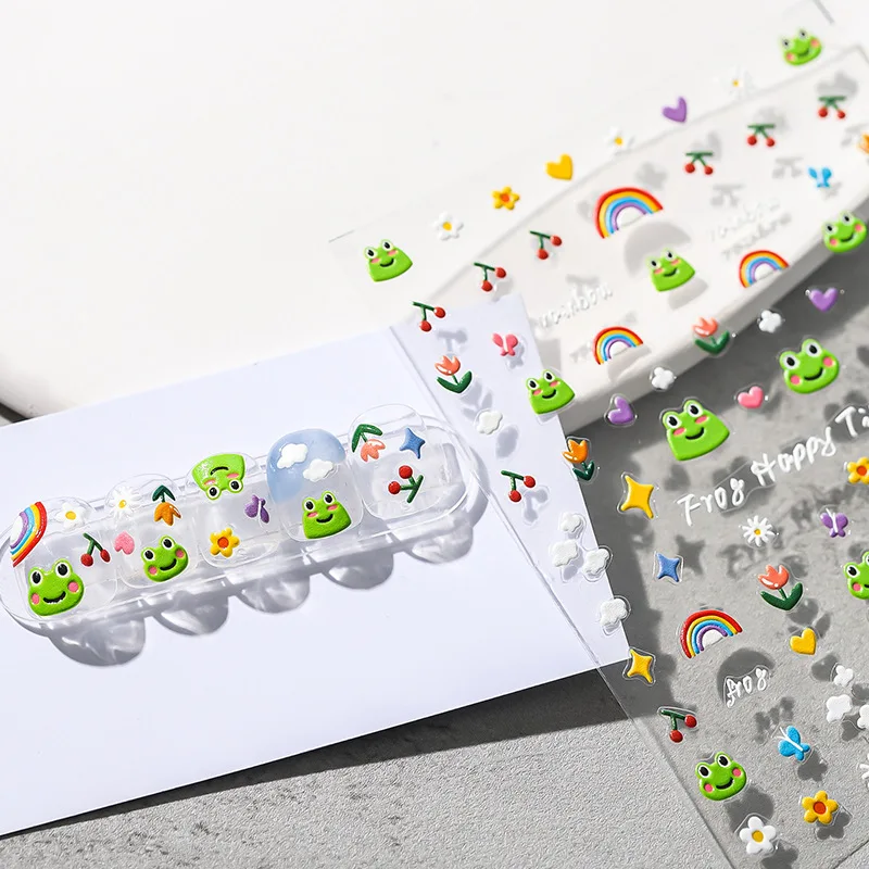 1 Sheet Cartoon Rainbow & Frog Pattern Nail Sticker 5D DIY Matte Design Nail Art Decoration Accessories For Nail Supplies