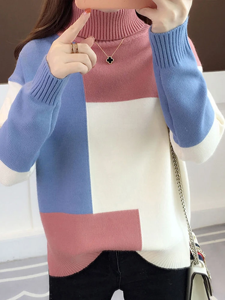 JMPRS Patchwork Women Pullover Sweater Autumn Loose O Neck Long Sleeve Knitted Thick Korean Fashion Female Jumper Sweater Top images - 6