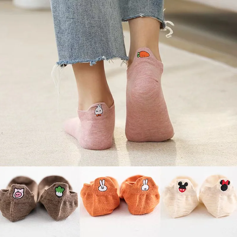 

Spring and Summer Cotton Socks Cartoon Japanese Harajuku Kawaii Cute Smiley Boat Sock Heel Embroidered Rabbit Carrot Women Socks