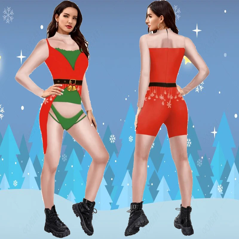 

Цветной косплейер, Рождественская вечеринка, косплей-костюм с длинным рукавом, женские Обтягивающие Комбинезоны, костюм Санты, Комбинезоны