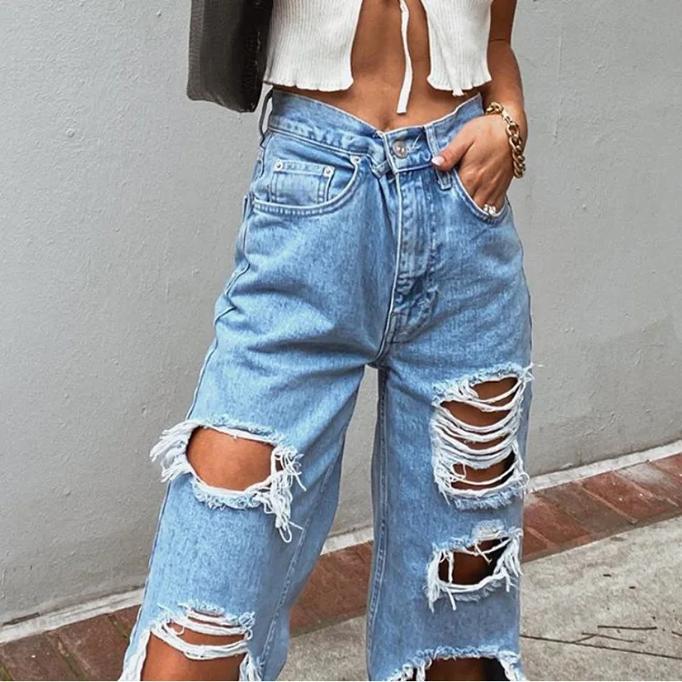 

Women's Ripped Loose Fit Jeans Wide Leg For Women High Waist Blue Wash Casual Cotton Denim Trousers Summer Baggy Jean Pants