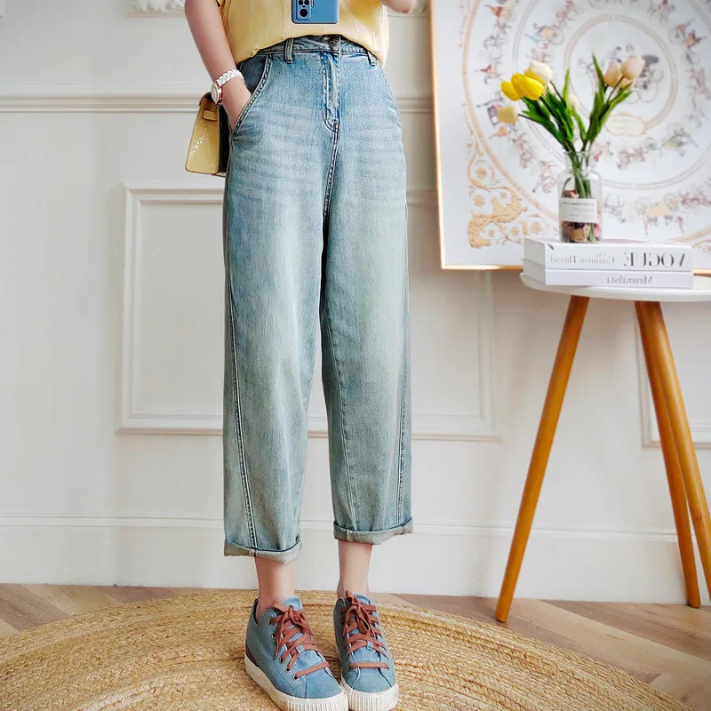 Spring Autumn 2023 New Women Denim Harem Pants Thin Washed Light Blue Are Loose Fitting High Waist Octagon Pants