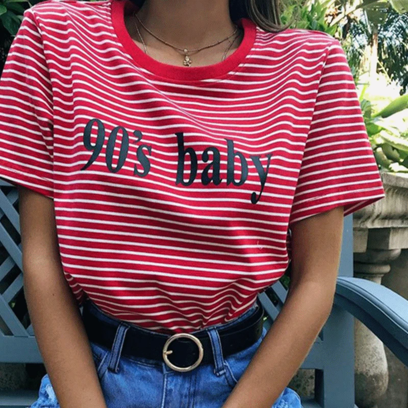 

Vintage Stripped T Shirt New Fashion Clothes for Women Summer Tops Letter 90's Baby Printed Tshirt Harajuku Streetwear