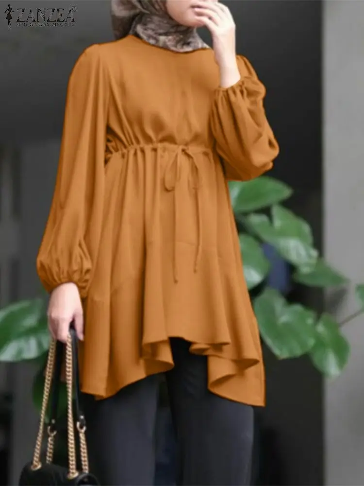 

Модная мусульманская блузка ZANZEA с пышными рукавами, Женская Однотонная рубашка с круглым вырезом, элегантная повседневная Праздничная Туника Eid Mubarek Blusas, топы