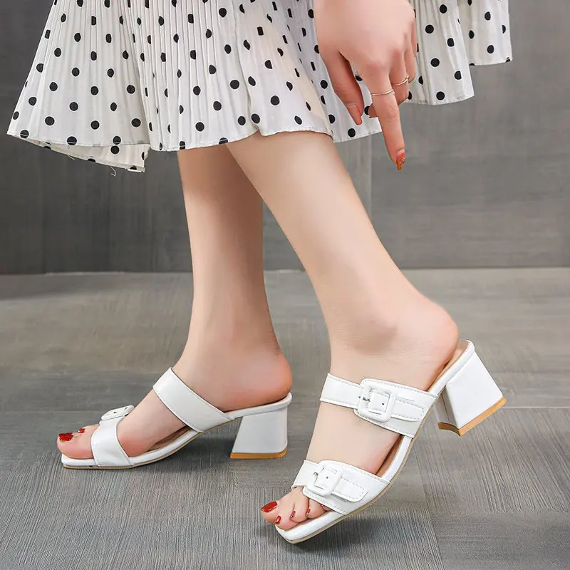 

New High Heels Women's 2023 Summer Ladies Buckle Strap Sandals Female Slippers crystal summer Square heel slides plus size