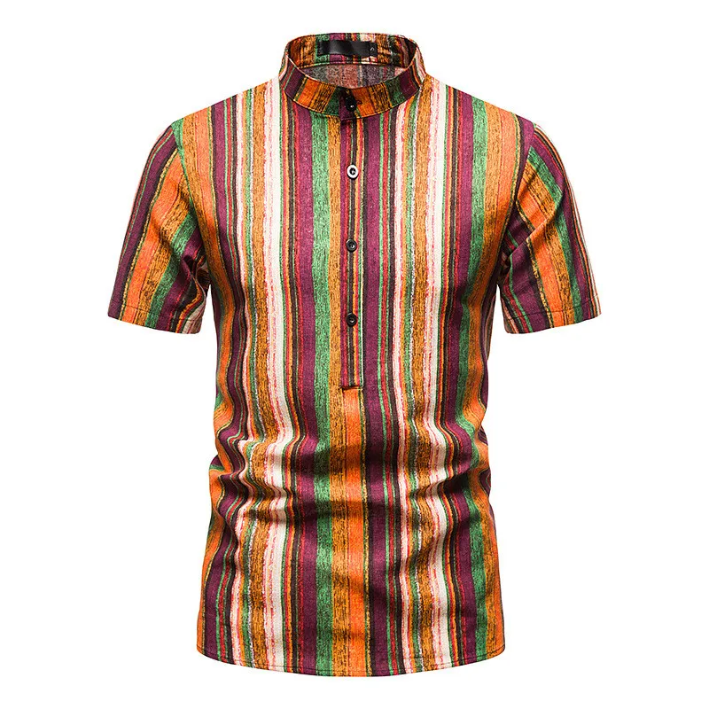

Ethnic Style Vintage Colorful Striped Shirt 2023Summer New Trendyol Oversized Men Short Sleeve Pullover Shirts Camisas De Hombre