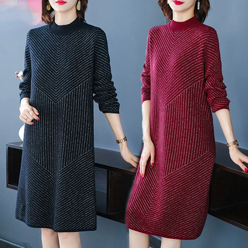 2023 Solid Color Knitted Cotton Midi Dress Women Korean Vintage Casual Sweater Dress Autumn Winter Thicken Warm Vestidos R70