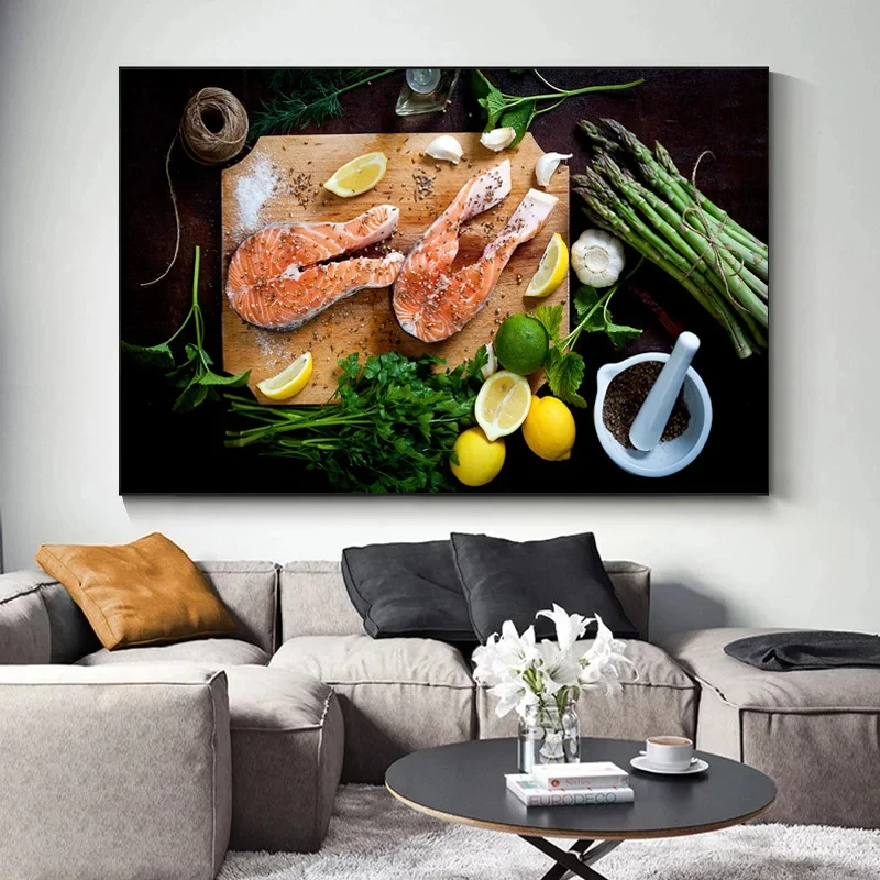 Постеры и принты на холсте с изображением морепродуктов специй фруктов овощей