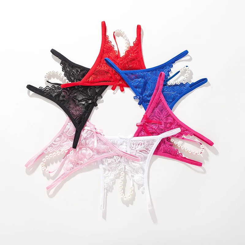 Sexy open crotch panties women lace thong transparent temptation pearl massage passion t pants Large size panties crotchless