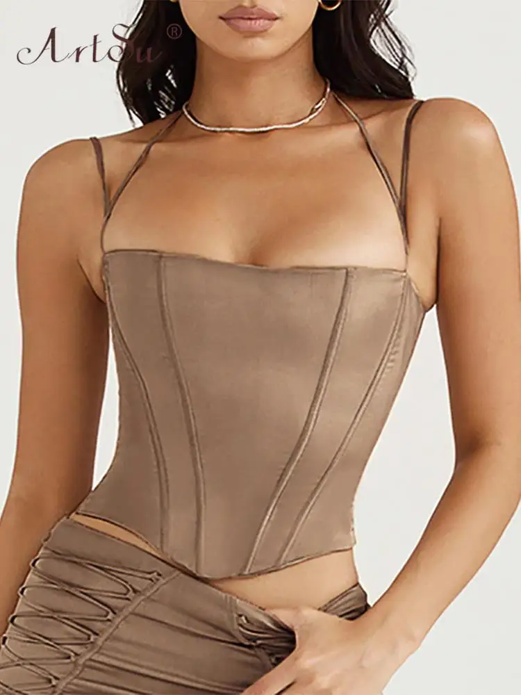 

ArtSu Satin Boned Corset Tank Tops Women Tie up Adjustable Silky Spaghetti Strap Lining Elastic Backless Crop Top ANDYVE1035