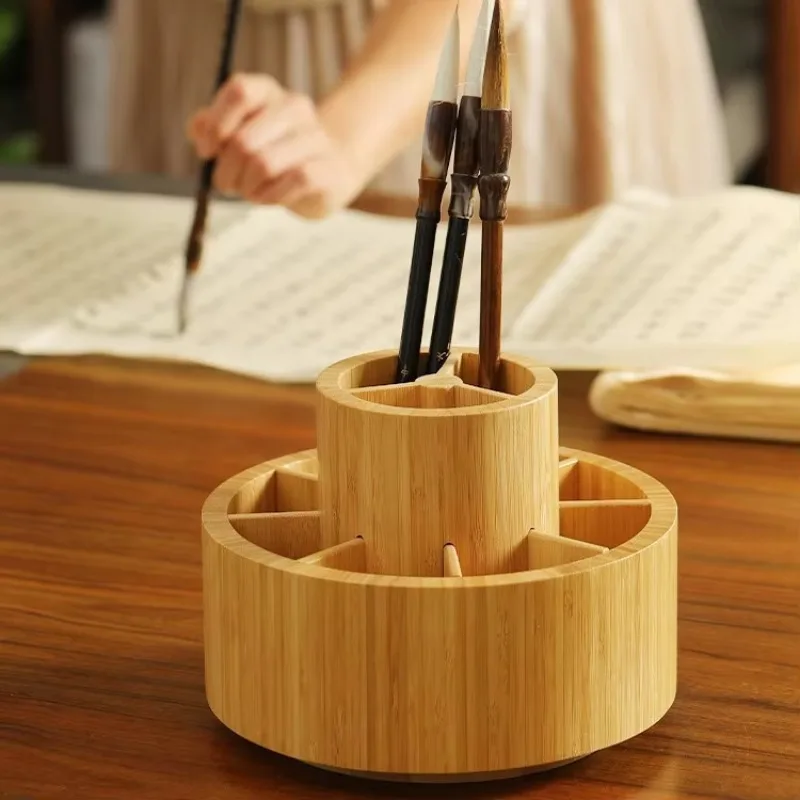 Держатель кистей для макияжа вращающаяся бамбуковая подставка ручек офисного