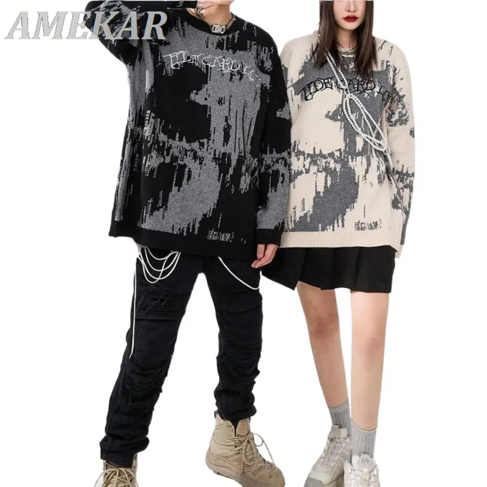 

2022 Men's Hip Hop Knitted Jumper Sweaters Y2k Letter Embroidery Print Streetwear Harajuku Autumn Hipster Casual Loose Pullovers