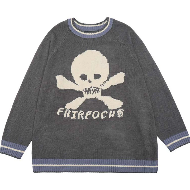 

High Street Sweater Men Loose Warm Skull Knit Sweaters Oversized Couple Cotton Vintage Pullover Autumn New Streetwear Black Grey