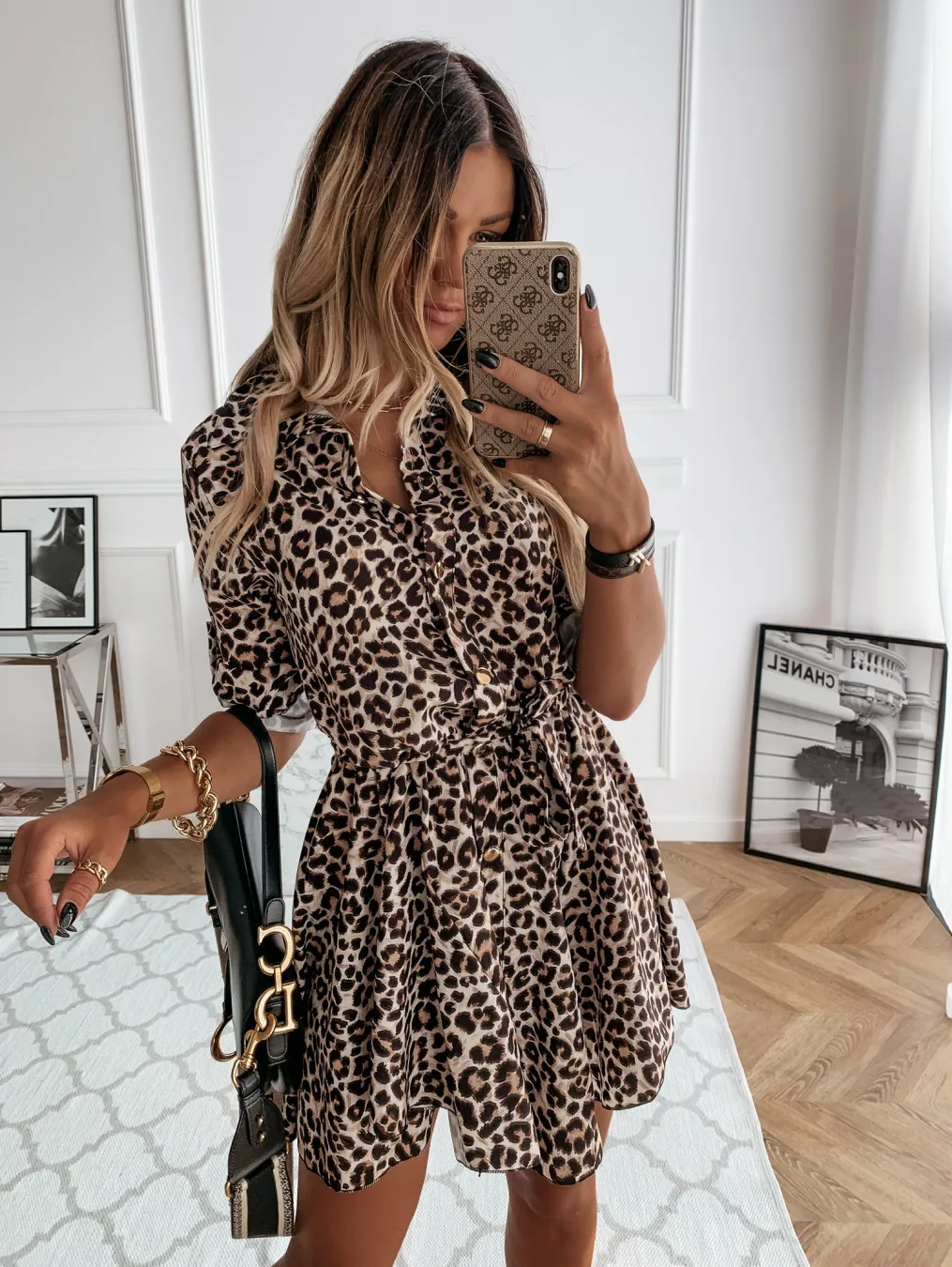 

Fashion Women Cover Up Animal Printed Shirts Dress Tie Waist Roll up Sleeve Buttons Down Pleated Dress Ropa Mujer Clothing
