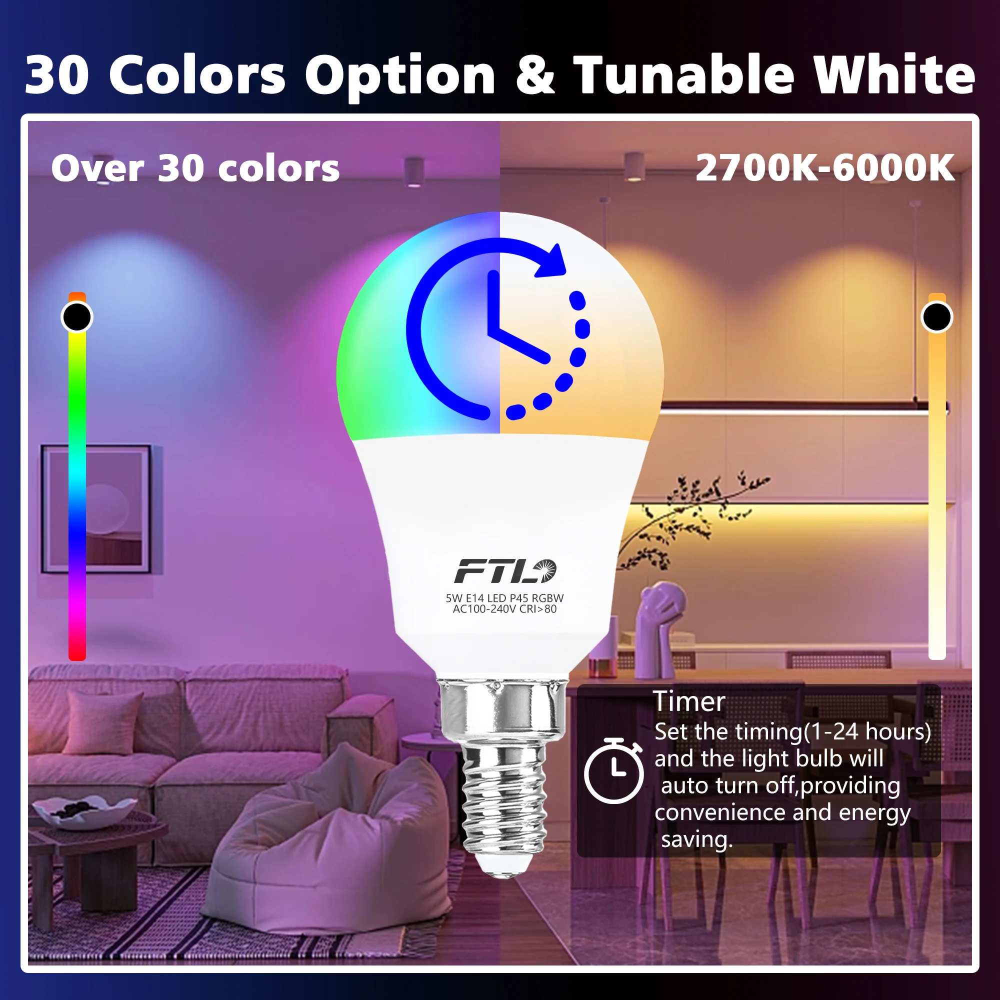 Светодиодная лампа E14 меняющая цвет с дистанционным управлением эквивалент 5 Вт