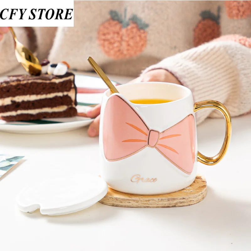 

380ml Luxury Gift Package Ceramic Coffee Cup with Spoon and Lid Creative Lovers Bowknot Coffee Mugs Breakfast Milk Juice Tea Cup