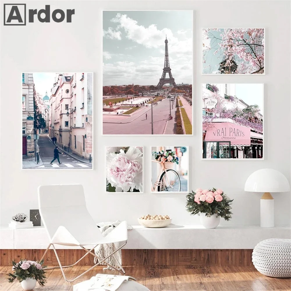 Скандинавский постер с розовыми цветами Эйфелева башня Художественная печать
