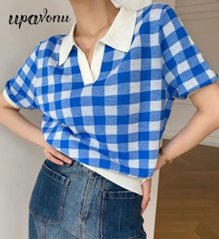 

Free Shipping 2022 Summer Lapel Short Sleeve Pullover Knit Women's Fashion Casual Loose Contrast Check Sweater Women's Tops