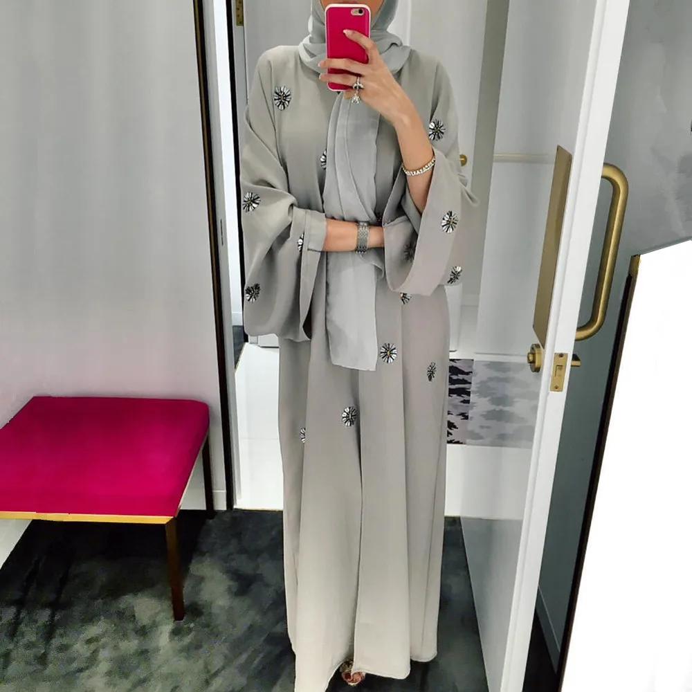 

Embroidered Open Abaya with Belt Dubai Beading Muslim Dress Abayas for Women Turkey Islamic Clothing Gray Long Dresses Kaftan