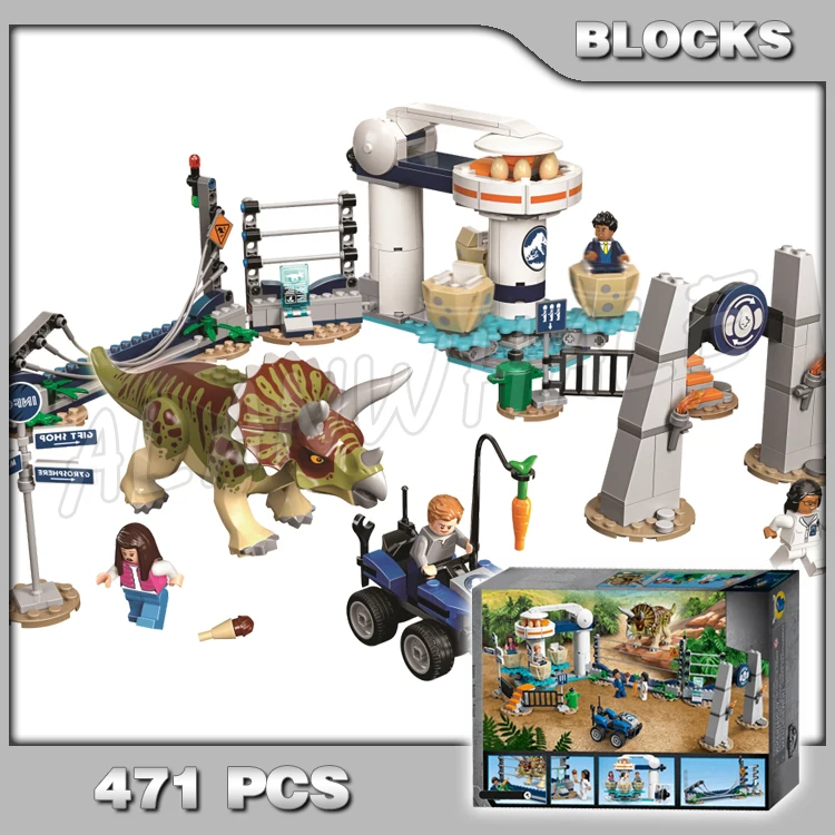 

471Pcs Jurassic World Triceratops Rampage Egg Spinner Ride Dinosaur Fences Park 11336 Building Blocks Set Compatible With Gifts