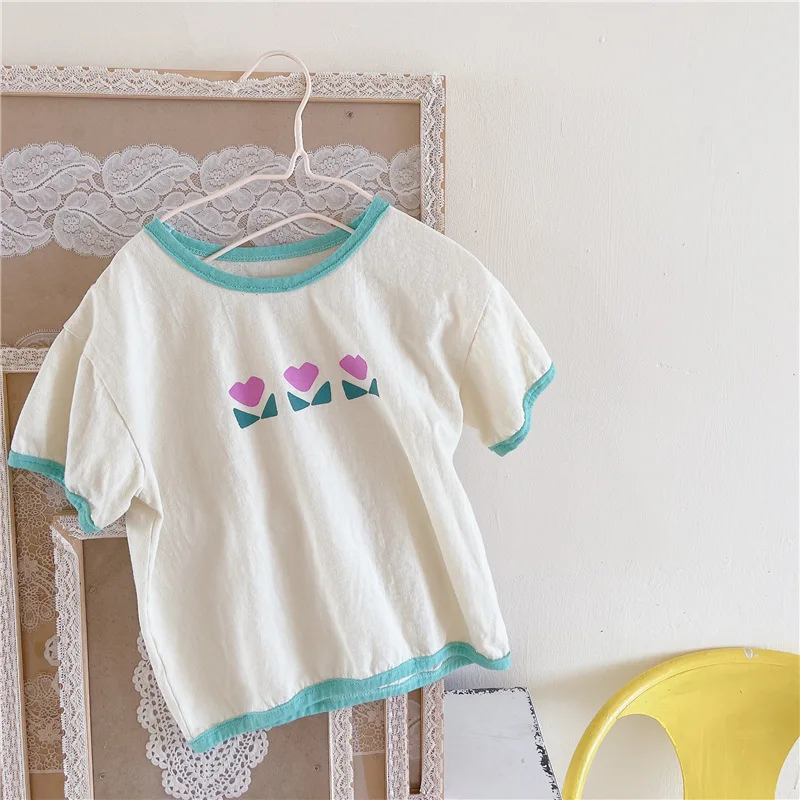 

Summer cute baby girls short sleeve floral T shirts Color contrast cotton Tops