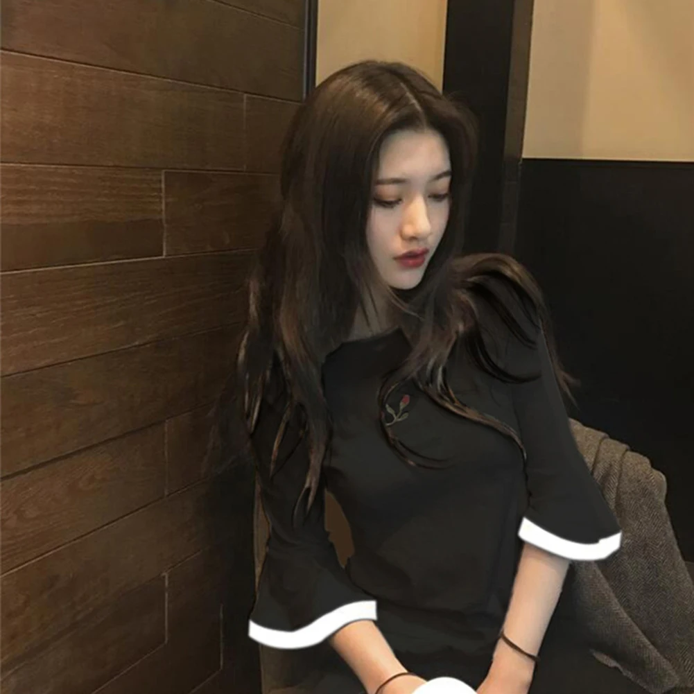 

Female T-shirts Casual Women Shoulder Slim Clothes Half Sleeve Female Tops Flare Sweet O-Neck T-shirt Elegant Top