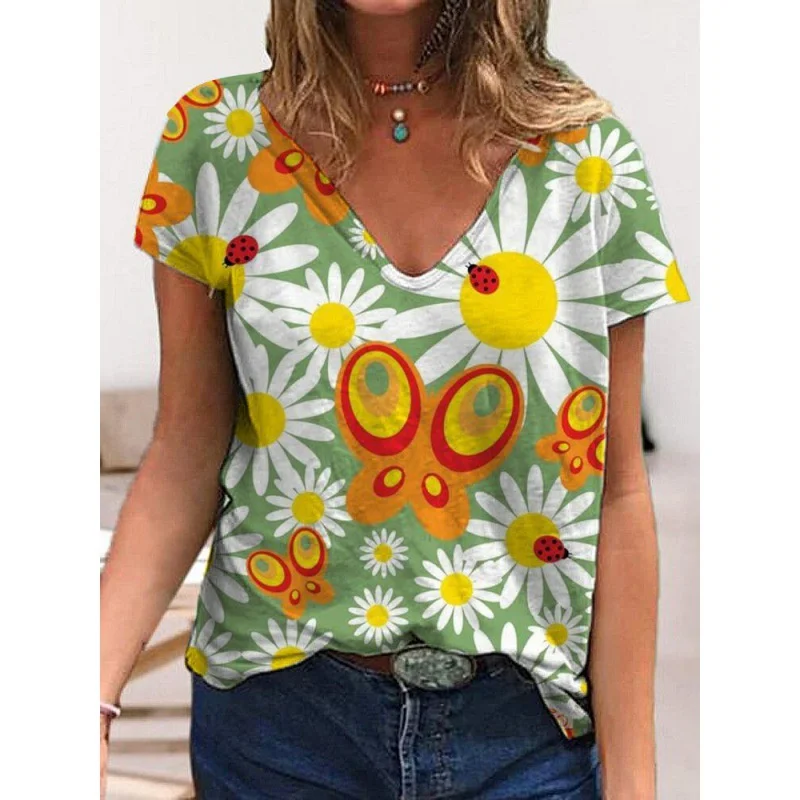 

2023 summer new geometric V-neck T-shirt 3D printed casual short-sleeve shirt women's style all European and American style