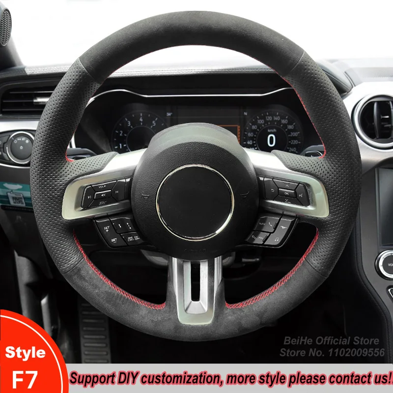 

Hand-stitched Soft Non-slip Black Suede Leather Car Steering Wheel Cover Wrap For Ford Mustang 2015 - 2019 Automotive Interior