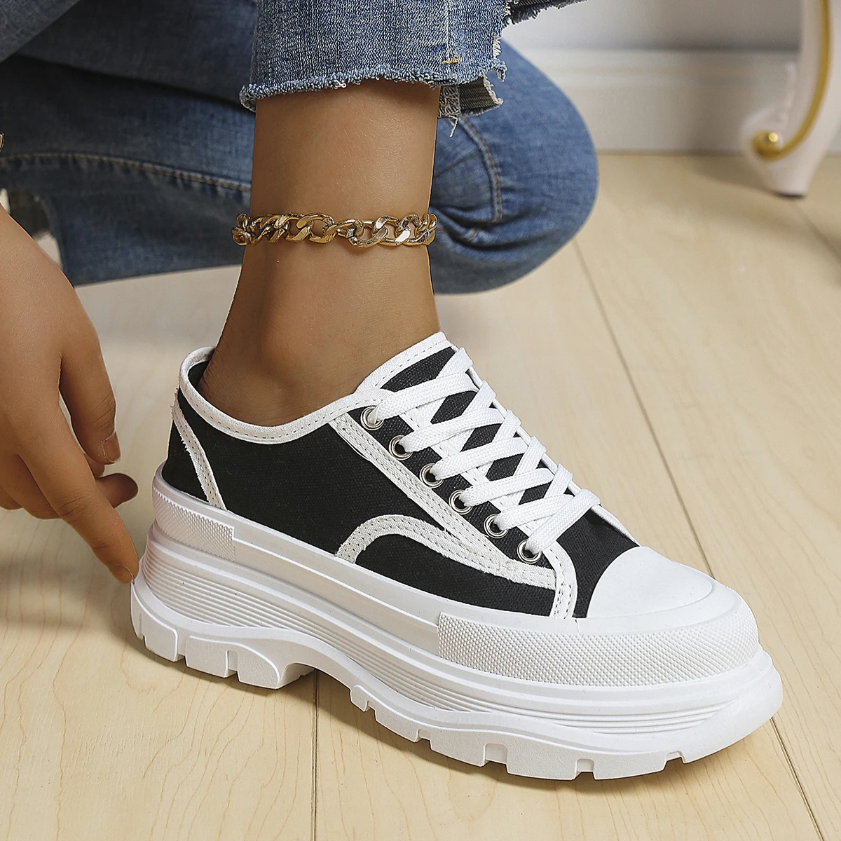 

Solid Canvas Chunky Sneakers Women Shoes Flat Platform Shoes Woman Sneakers Female Women's Sports Shoes Sneakers Plus Size