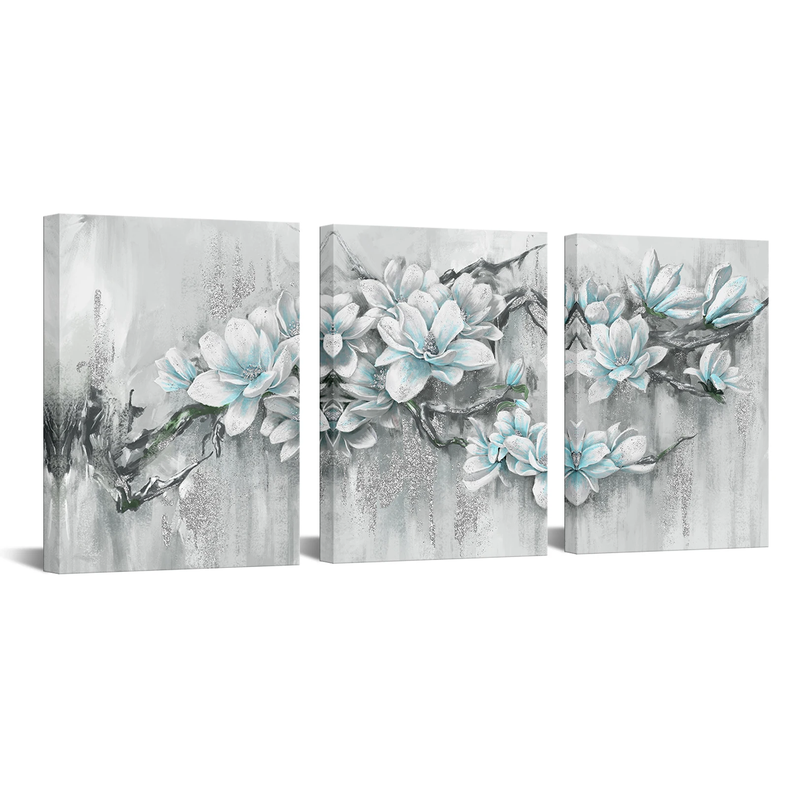

3 Pieces White and Blue Flowers Room Decor Posters Abstract Flowers Print Canvas Art Modern Style Picture Living Room Wall Art