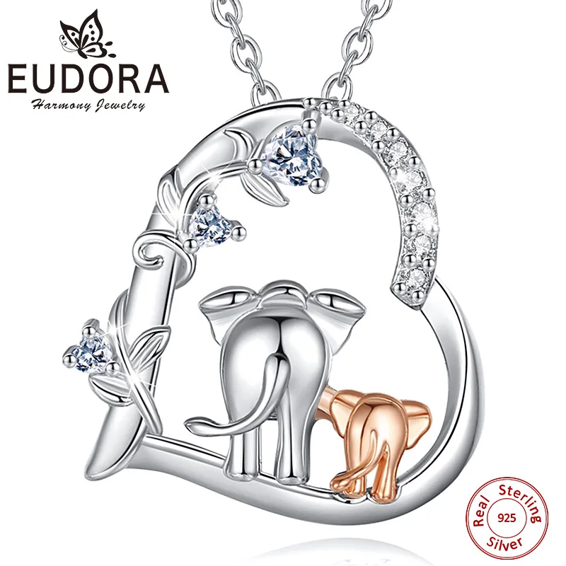 Eudora-Collar de plata de ley 925 con forma de elefante para mujer, colgante de corazón de circonita, bisutería elegante y fina