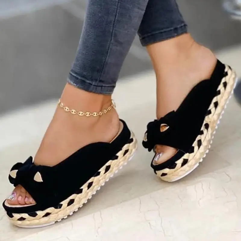 New Women Slippers Casual Solid Color Bowknot Platform Flat Shoes Fashion Braided Straps Outdoor Walking Sandals Zapatilla Mujer