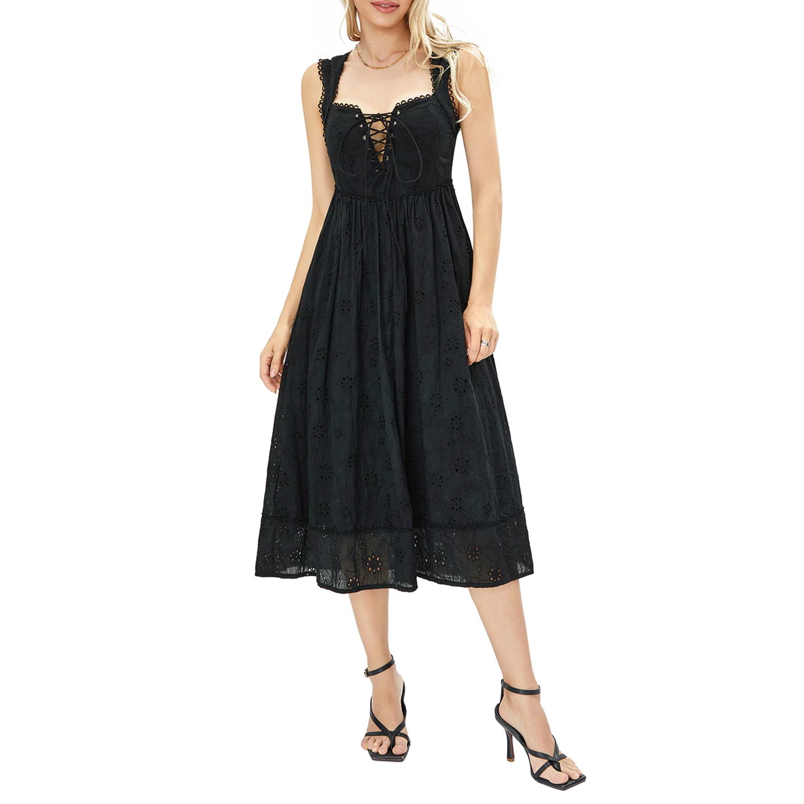 

Женское платье-миди с цветочным кружевом, открытой спиной и квадратным вырезом