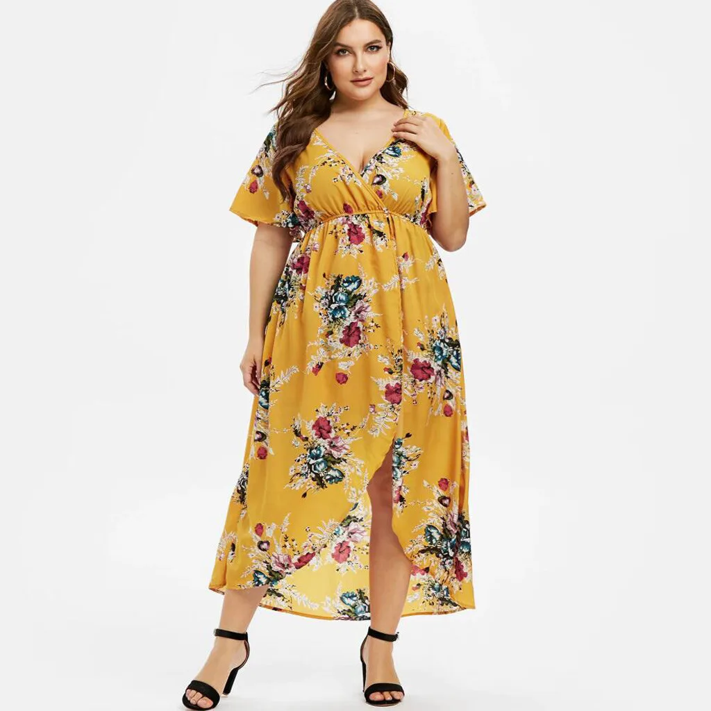 

Plus Size Fashion Floral Boho Long Dress Summer Women High Low V-Neck Beach Dress Women Evening Party Dress vestidos de fiest