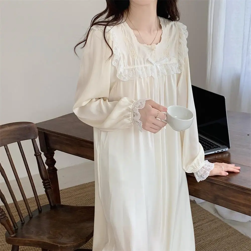 Satin Square Collar Autumn Nightgown Women Lace Patchwork Long Sleepwear Loose Casual Sweet Night Dress Floral Embroidery