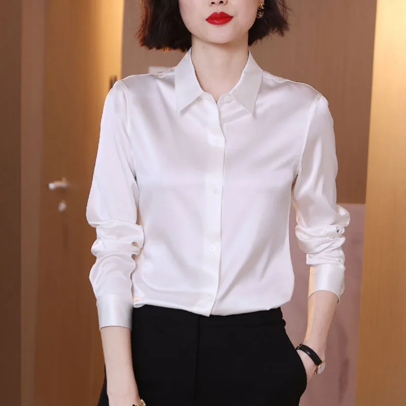 

Vintage Turn Down Collar Loose Clothes Fashion Tops Solid Button Blouse Elegant Office Lady Satin Silk Shirt Women Blusas 25510