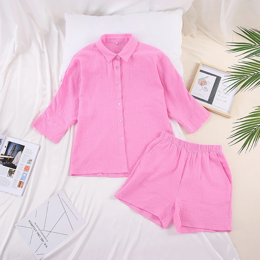 YUDX Casual Sleepwear Cotton Pajamas For Women Sets Suit Turn-Down Collar Nine Quarter Sleeve Sleep Tops Shorts Female Homewear