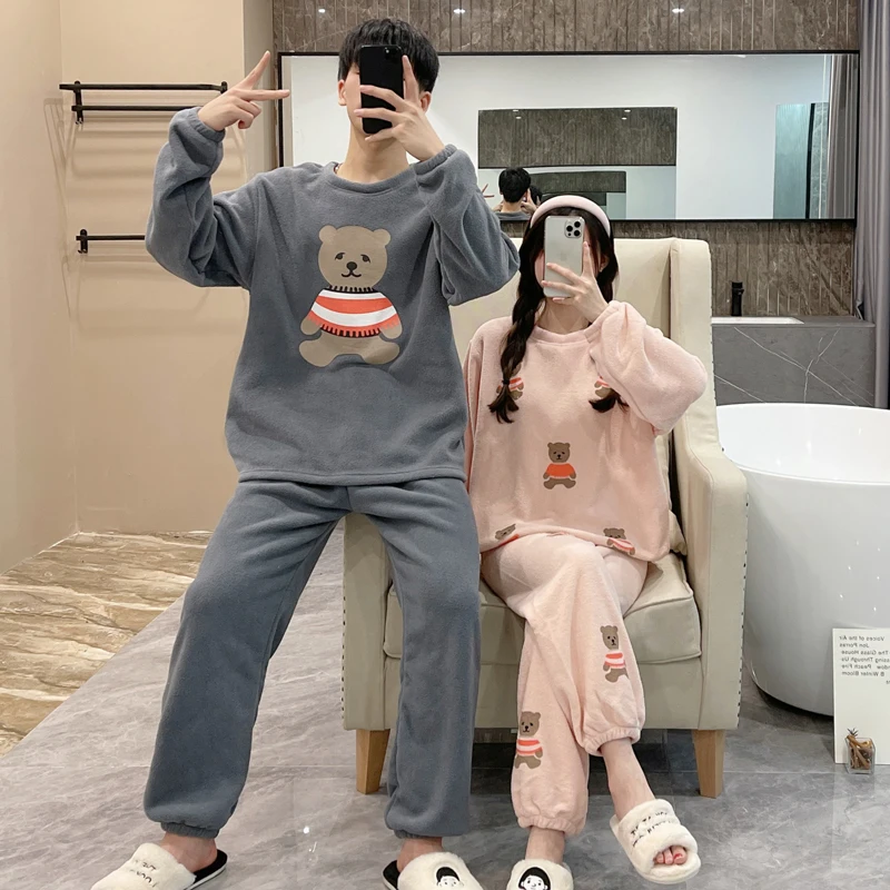 Woman Man Winter Warm Pijama Set Lover Couple Matching Pajamas Soft Flannel Thick Home Clothing Cute Bear Printing 2 Pieces Wear