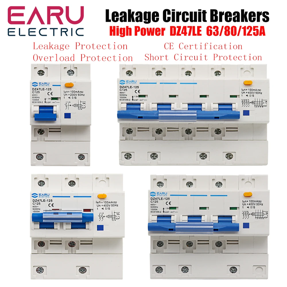 

DZ47LE Three-Phase Leakage Protector RCBO Overload Short Circuit Protection 1P+N 2P 3P+N 4P Circuit Breaker Switch 80A 100A 125A